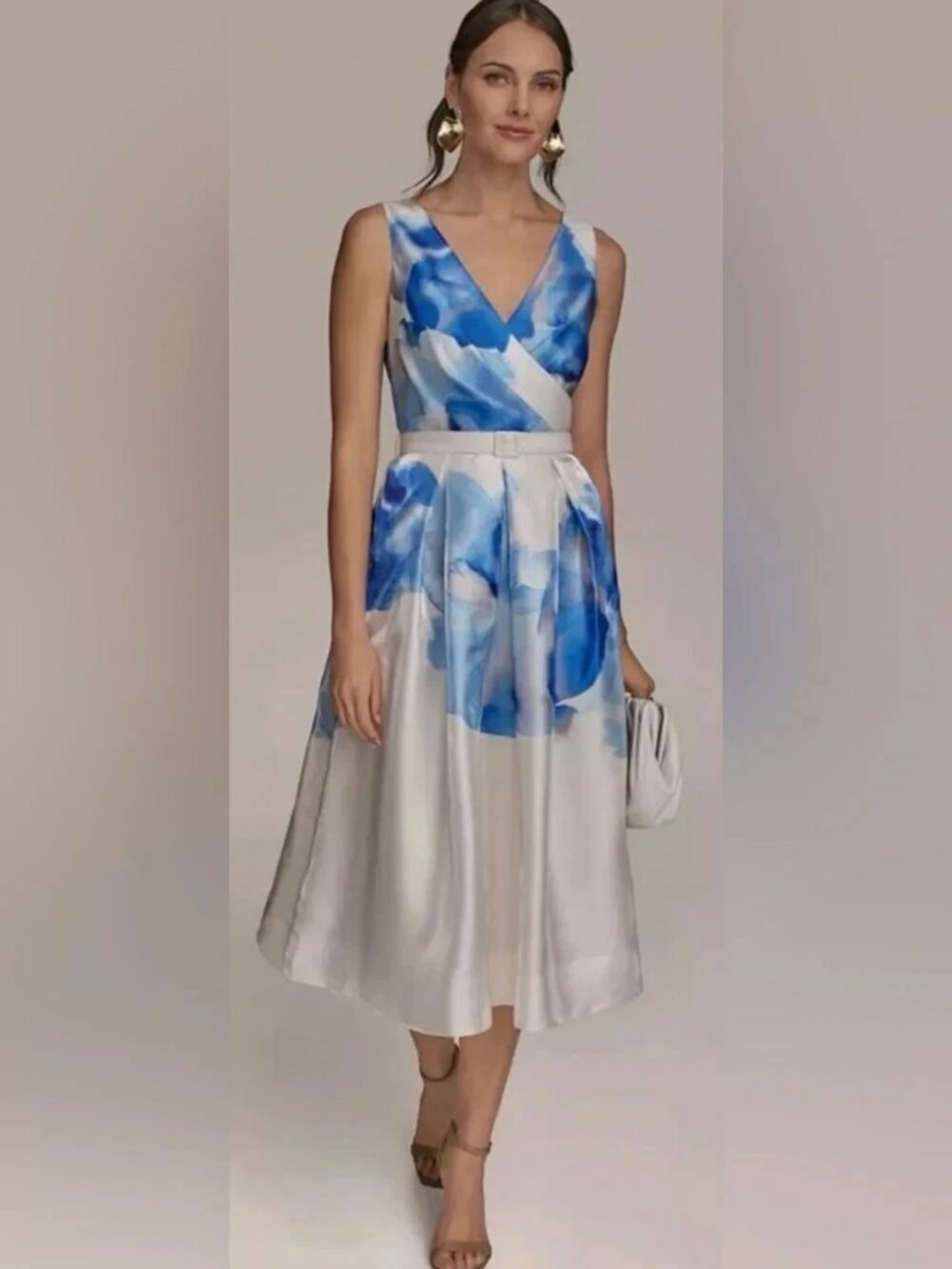 Donna Karan Blue Ivory Watercolor Belted Midi Dress